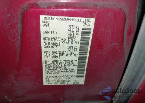 2012 Nissan Pathfinder Sv z USA, uszkodzony, nr VIN 5N1AR1NBXCC602106